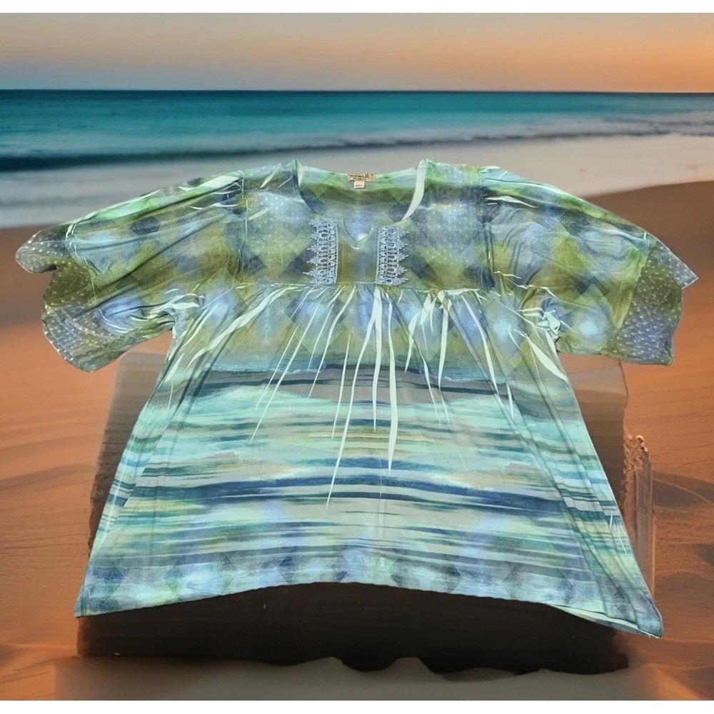 One World‎ Top Blouse Scoop Neck Women's  1X Watercolor Boho Silky Artsy Chiffon